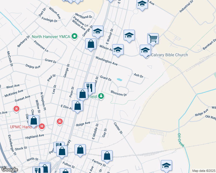 map of restaurants, bars, coffee shops, grocery stores, and more near 721 Blossom Drive in Hanover
