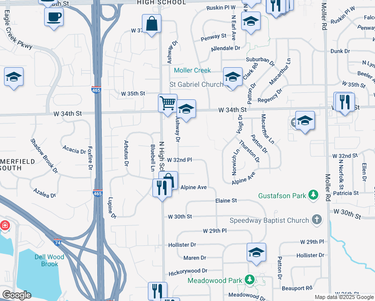 map of restaurants, bars, coffee shops, grocery stores, and more near 6129 West 32nd Place in Indianapolis