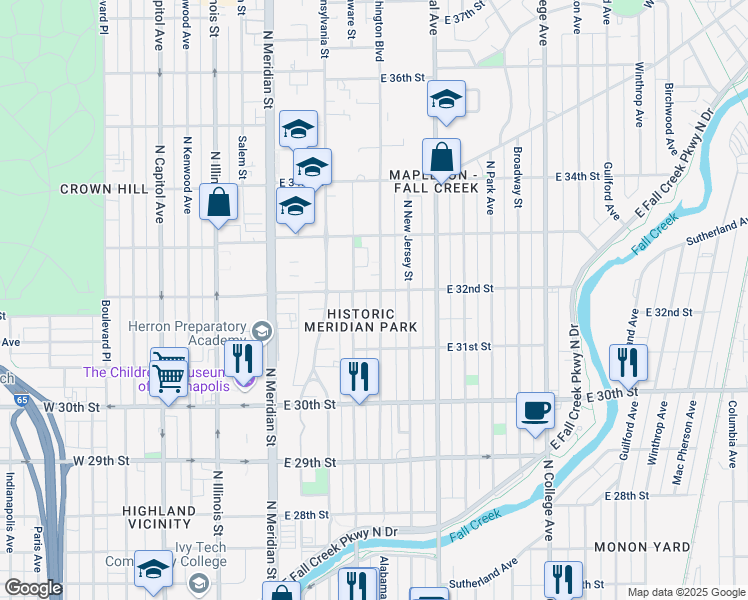 map of restaurants, bars, coffee shops, grocery stores, and more near in Indianapolis