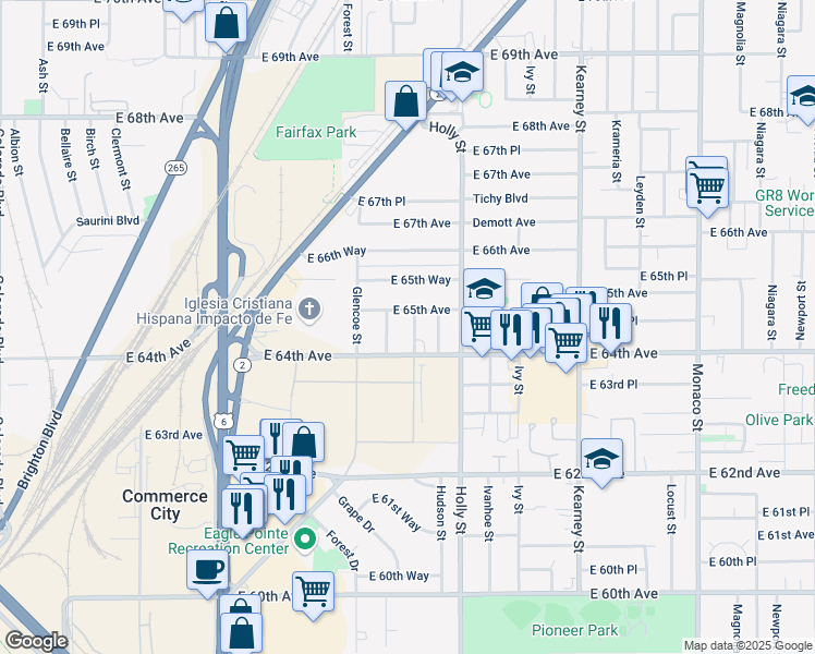 map of restaurants, bars, coffee shops, grocery stores, and more near 6400 Grape Street in Commerce City