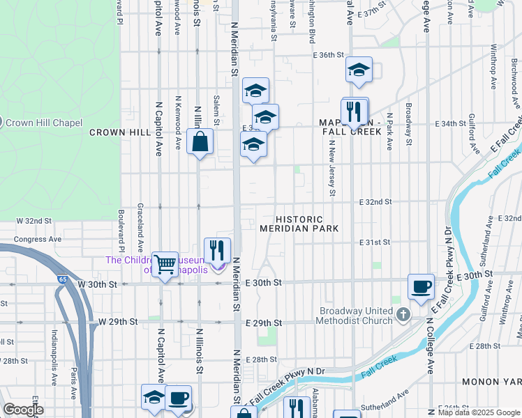 map of restaurants, bars, coffee shops, grocery stores, and more near 3128 North Pennsylvania Street in Indianapolis