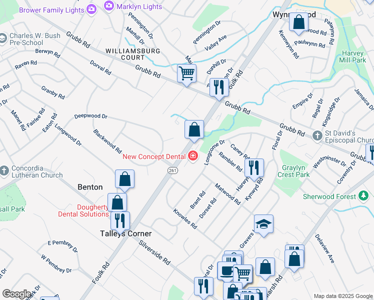 map of restaurants, bars, coffee shops, grocery stores, and more near Foulk Road in Edgemoor