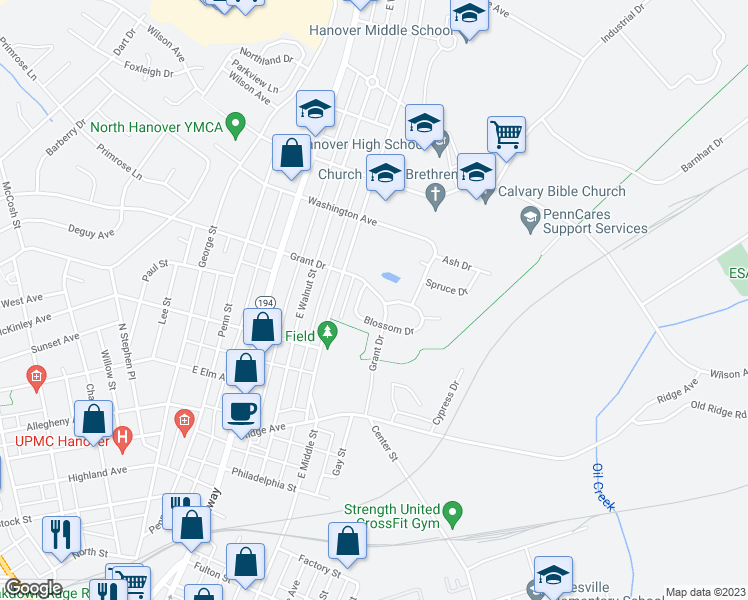 map of restaurants, bars, coffee shops, grocery stores, and more near 711 Grant Drive in Hanover