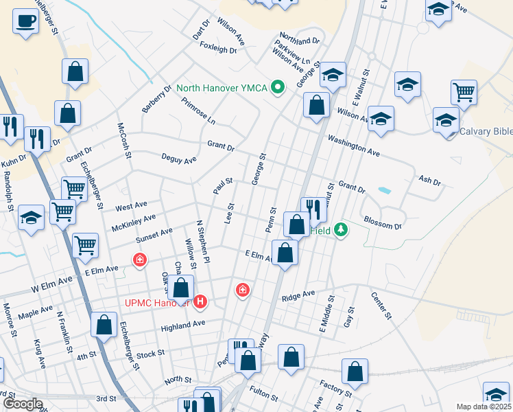 map of restaurants, bars, coffee shops, grocery stores, and more near 305 George Street in Hanover