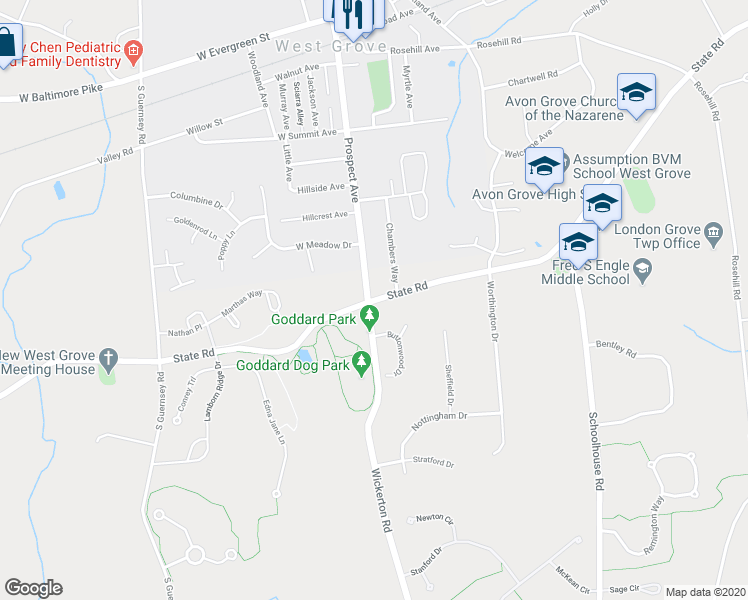 map of restaurants, bars, coffee shops, grocery stores, and more near 546 State Road in West Grove