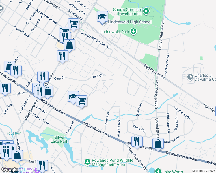 map of restaurants, bars, coffee shops, grocery stores, and more near 39 Chelsea Circle in Clementon