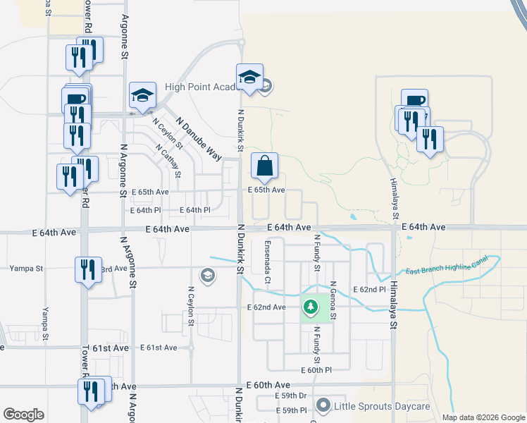 map of restaurants, bars, coffee shops, grocery stores, and more near 6382 Dunkirk Court in Aurora