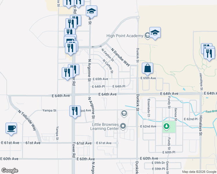 map of restaurants, bars, coffee shops, grocery stores, and more near 6410 North Biscay Street in Denver