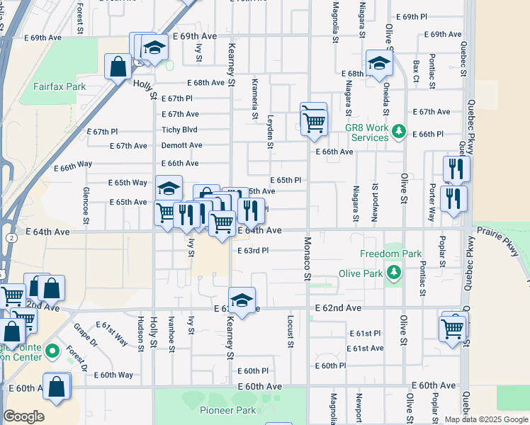 map of restaurants, bars, coffee shops, grocery stores, and more near 6209 East 64th Avenue in Commerce City