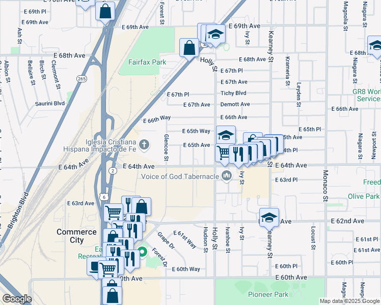 map of restaurants, bars, coffee shops, grocery stores, and more near 6400 Grape Street in Commerce City