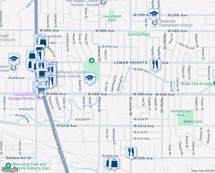 map of restaurants, bars, coffee shops, grocery stores, and more near 6405 Newland Street in Arvada