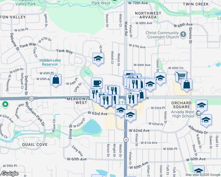 map of restaurants, bars, coffee shops, grocery stores, and more near 6406 Wright Street in Arvada
