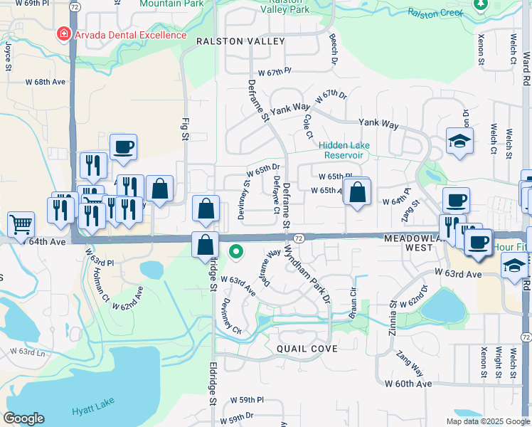 map of restaurants, bars, coffee shops, grocery stores, and more near 6414 Deframe Court in Arvada