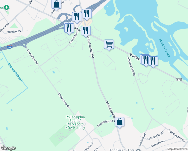 map of restaurants, bars, coffee shops, grocery stores, and more near 123 West Cohawkin Road in Clarksboro