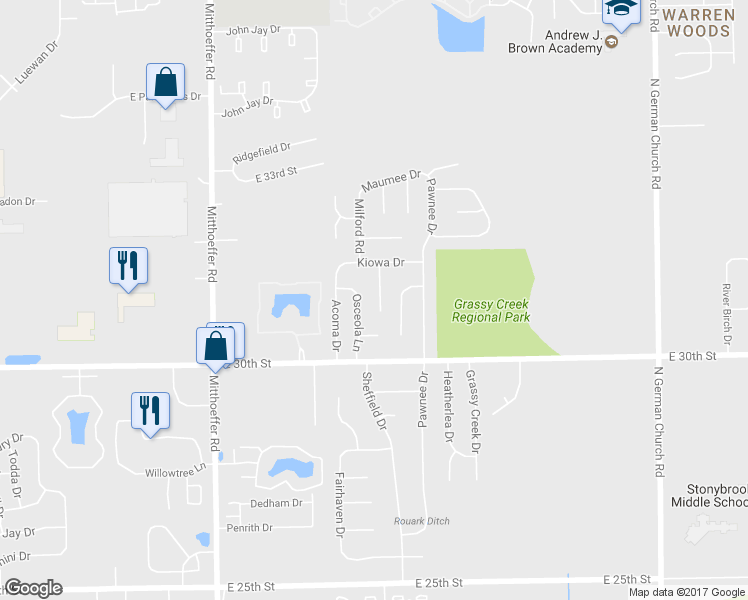 map of restaurants, bars, coffee shops, grocery stores, and more near 3037 Osceola Lane in Indianapolis