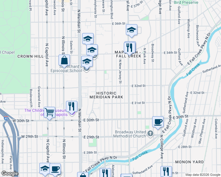 map of restaurants, bars, coffee shops, grocery stores, and more near in Indianapolis