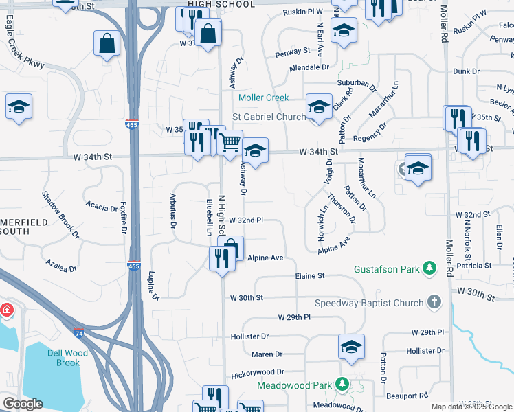 map of restaurants, bars, coffee shops, grocery stores, and more near 6129 West 32nd Place in Indianapolis