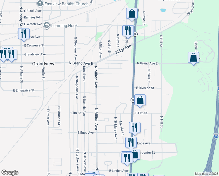 map of restaurants, bars, coffee shops, grocery stores, and more near 27 Saint Marys Court in Springfield