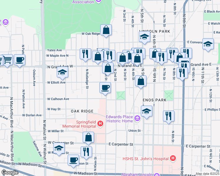 map of restaurants, bars, coffee shops, grocery stores, and more near 1017 North 2nd Street in Springfield