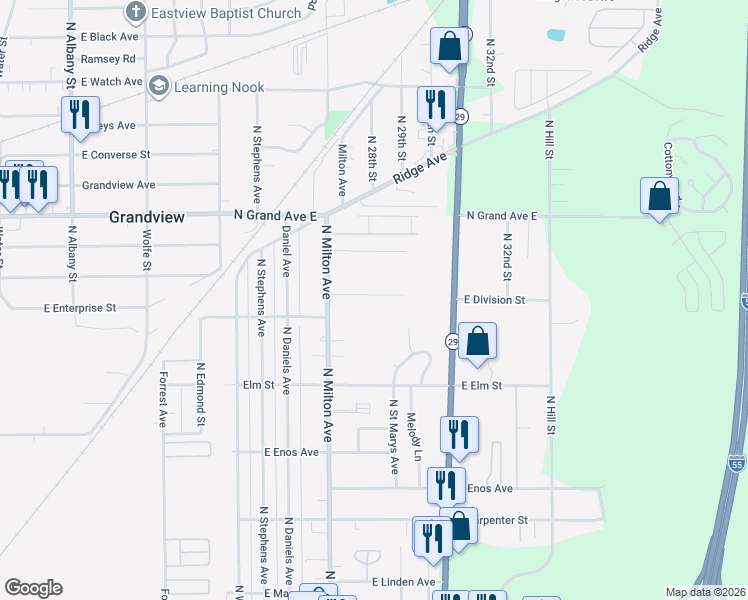 map of restaurants, bars, coffee shops, grocery stores, and more near 27 Saint Marys Court in Springfield