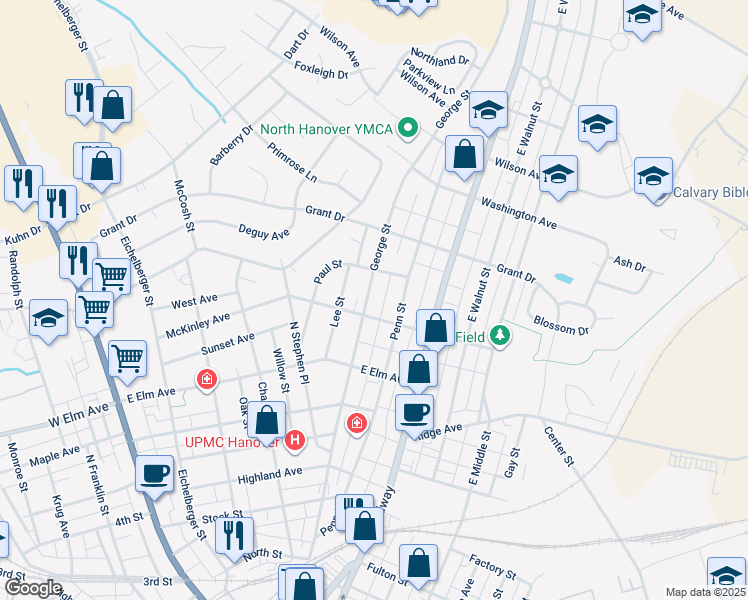 map of restaurants, bars, coffee shops, grocery stores, and more near 305 George Street in Hanover