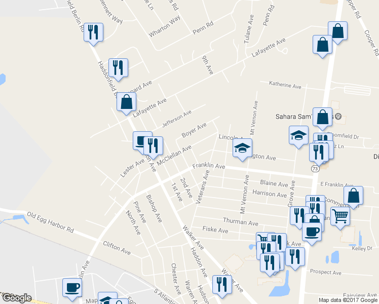map of restaurants, bars, coffee shops, grocery stores, and more near 215 4th Avenue in West Berlin