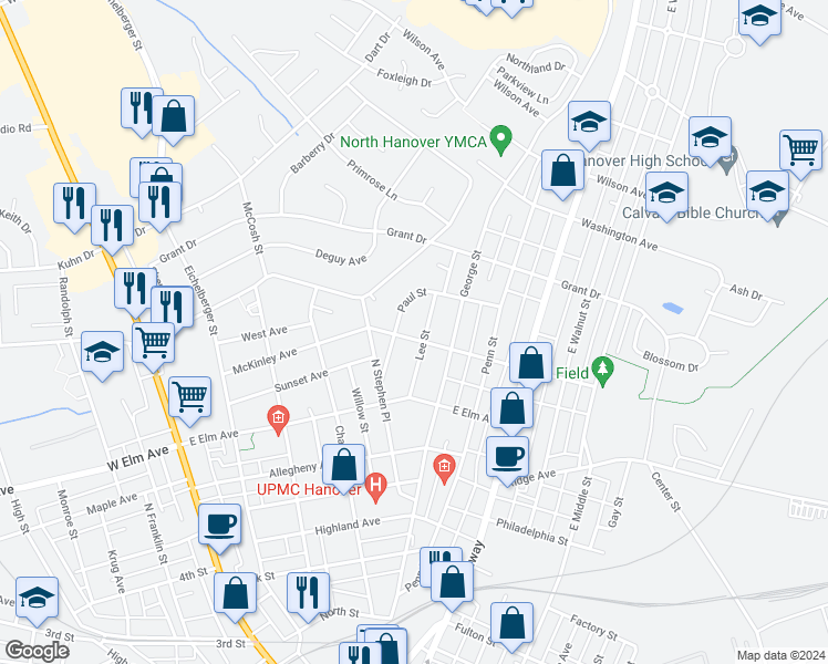 map of restaurants, bars, coffee shops, grocery stores, and more near 314 McKinley Avenue in Hanover