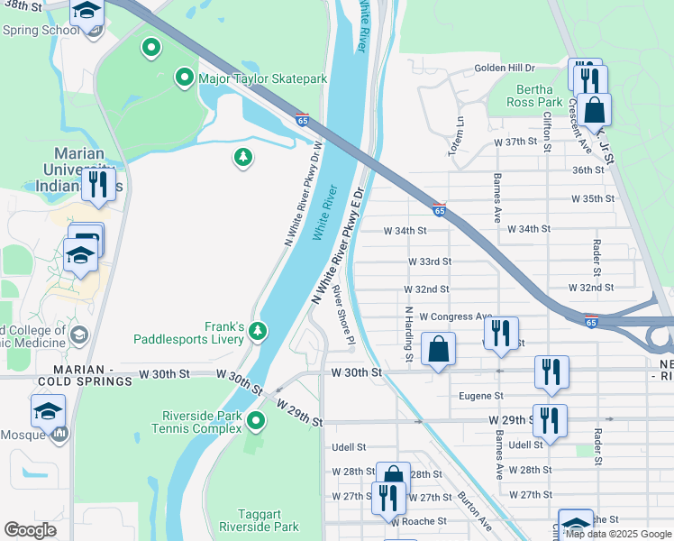 map of restaurants, bars, coffee shops, grocery stores, and more near 3171 River Villa Way in Indianapolis