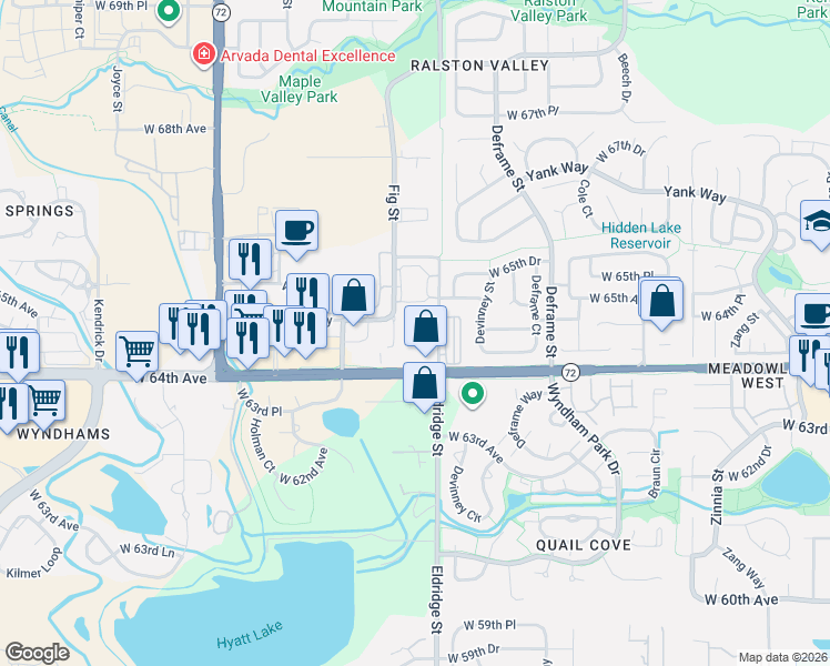 map of restaurants, bars, coffee shops, grocery stores, and more near 6452 Fig Street in Arvada