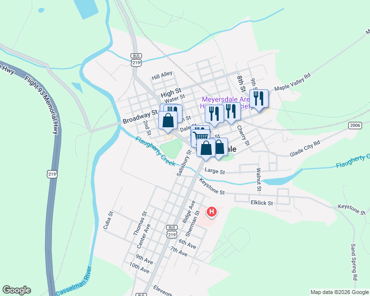 map of restaurants, bars, coffee shops, grocery stores, and more near 215 Main Street in Meyersdale
