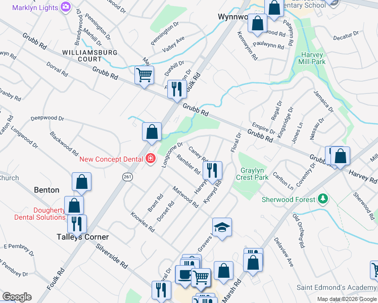 map of restaurants, bars, coffee shops, grocery stores, and more near 2015 Longcome Drive in Wilmington