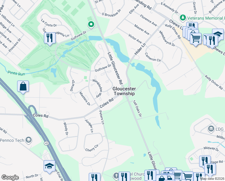 map of restaurants, bars, coffee shops, grocery stores, and more near 3601 Aberdeen Lane in Camden County
