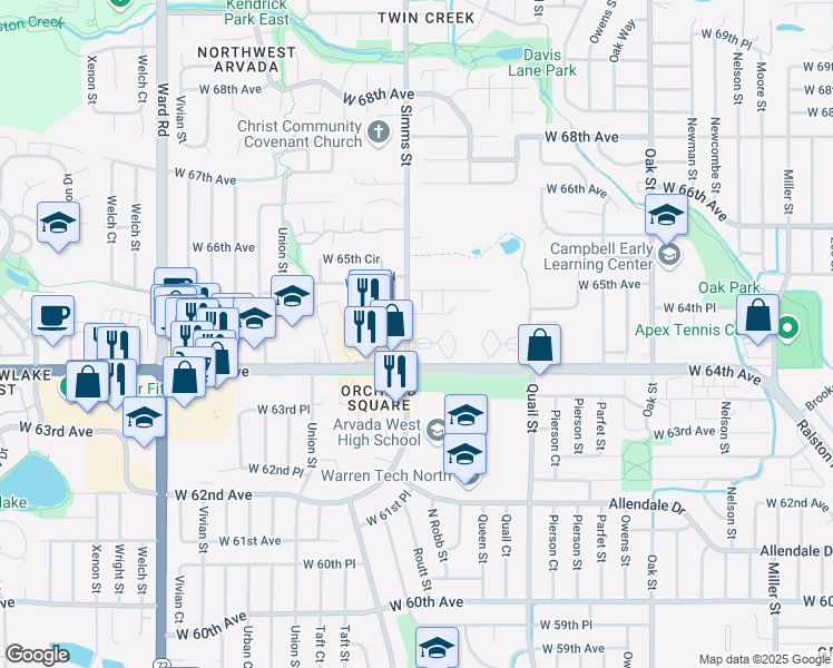 map of restaurants, bars, coffee shops, grocery stores, and more near 6436 Simms Street in Arvada