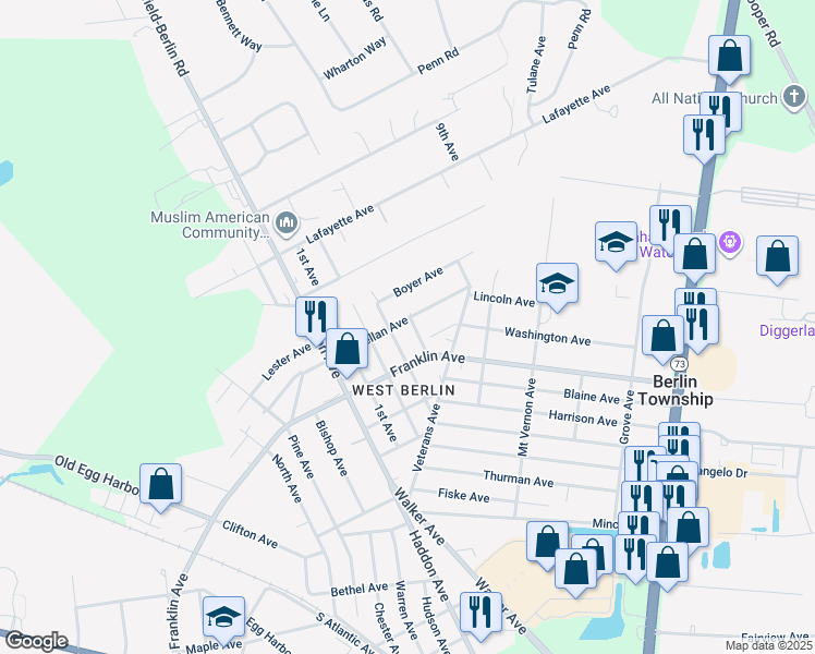 map of restaurants, bars, coffee shops, grocery stores, and more near 215 4th Avenue in West Berlin