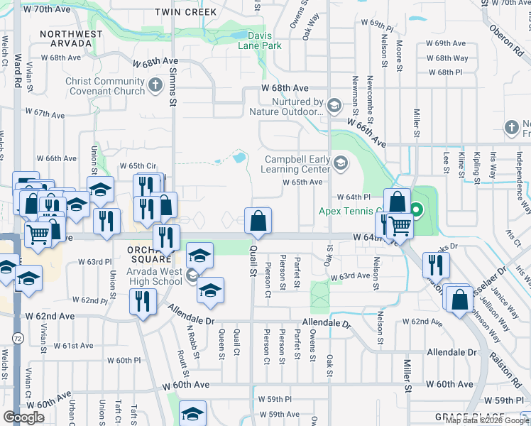 map of restaurants, bars, coffee shops, grocery stores, and more near 11135 Ralston Road in Arvada