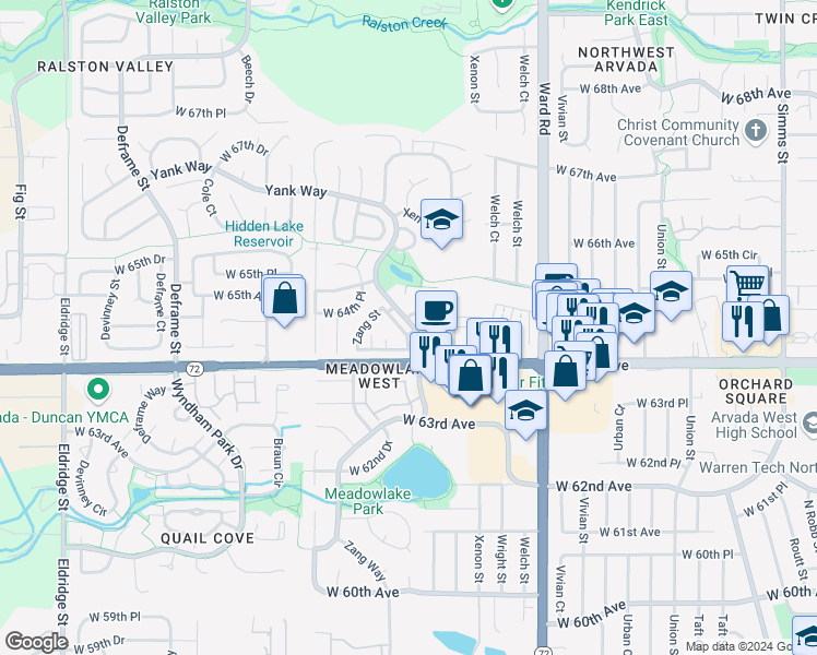 map of restaurants, bars, coffee shops, grocery stores, and more near 6550 Yank Way in Arvada