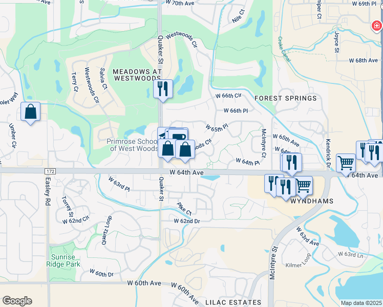 map of restaurants, bars, coffee shops, grocery stores, and more near 6526 Pike Court in Arvada