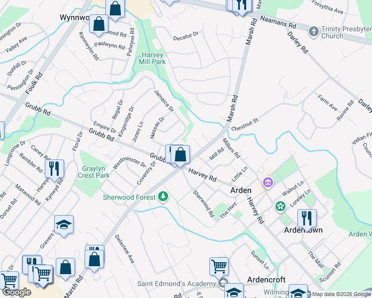 map of restaurants, bars, coffee shops, grocery stores, and more near 2211 Jamaica Drive in Wilmington
