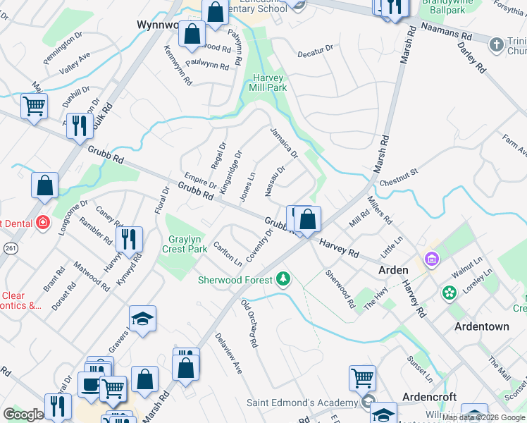 map of restaurants, bars, coffee shops, grocery stores, and more near 2204 Nassau Drive in Wilmington