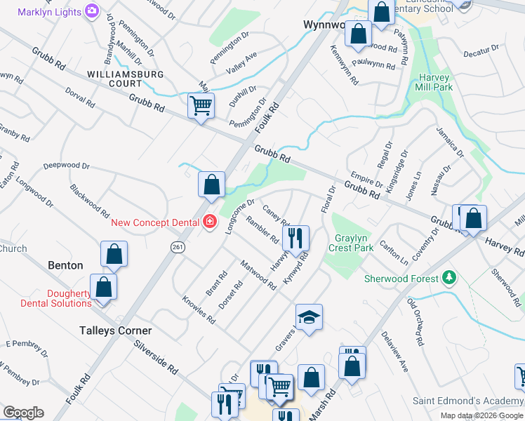 map of restaurants, bars, coffee shops, grocery stores, and more near 2015 Longcome Drive in Wilmington