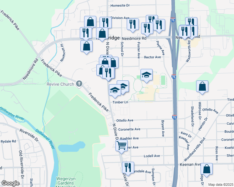 map of restaurants, bars, coffee shops, grocery stores, and more near 5210 North Dixie Drive in Dayton