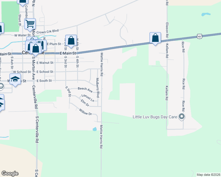 map of restaurants, bars, coffee shops, grocery stores, and more near 305 Mattie Harris Road in Centerville