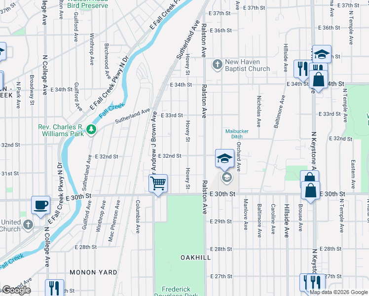 map of restaurants, bars, coffee shops, grocery stores, and more near 3244 Hovey Street in Indianapolis