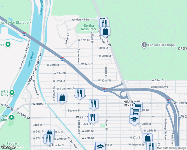 map of restaurants, bars, coffee shops, grocery stores, and more near 1110 West 33rd Street in Indianapolis