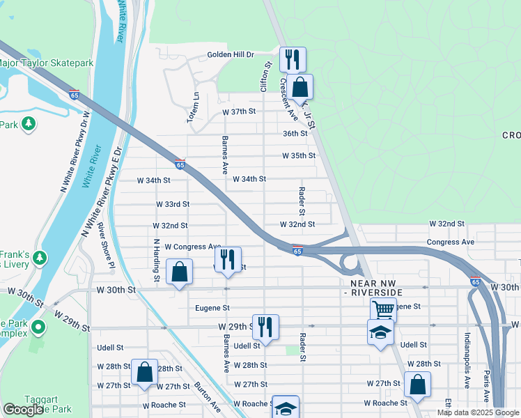 map of restaurants, bars, coffee shops, grocery stores, and more near 1110 West 33rd Street in Indianapolis