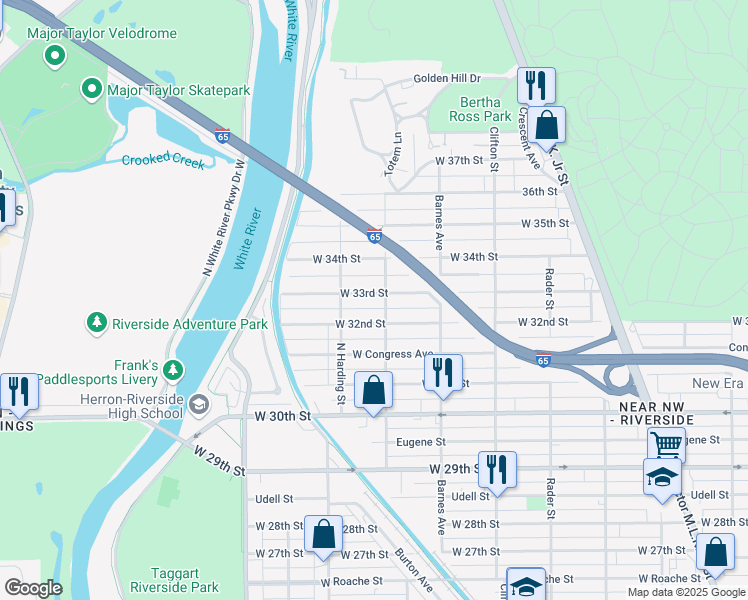 map of restaurants, bars, coffee shops, grocery stores, and more near 1302 West 33rd Street in Indianapolis