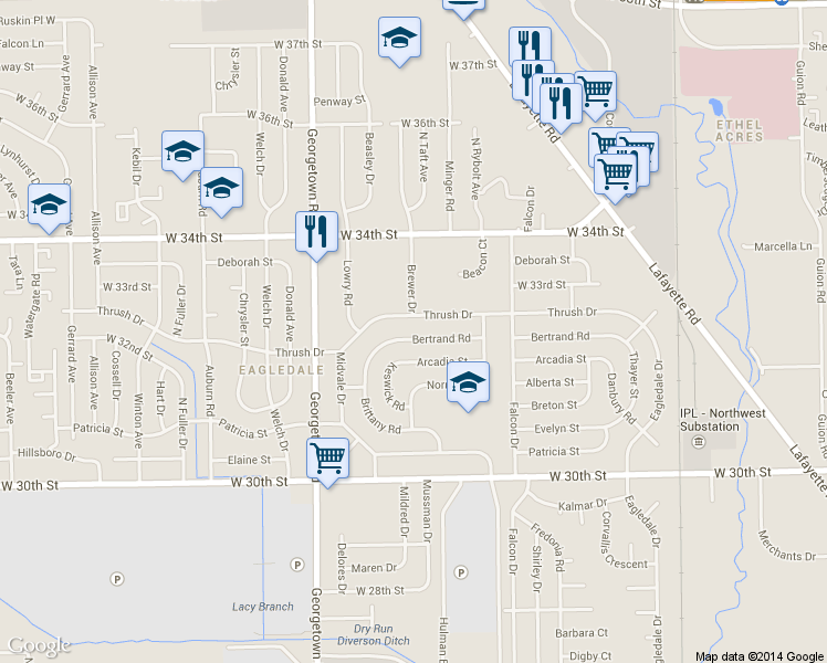 map of restaurants, bars, coffee shops, grocery stores, and more near 4502 Thrush Drive in Indianapolis