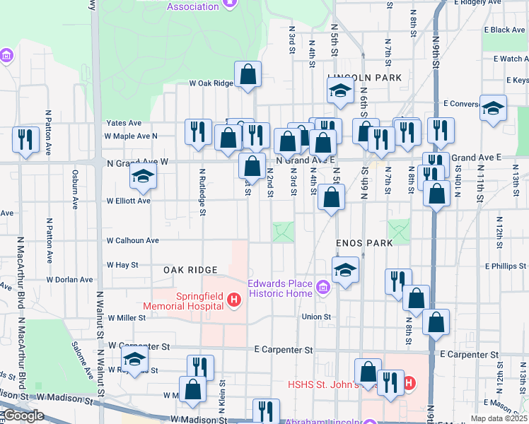 map of restaurants, bars, coffee shops, grocery stores, and more near 1119 North 2nd Street in Springfield