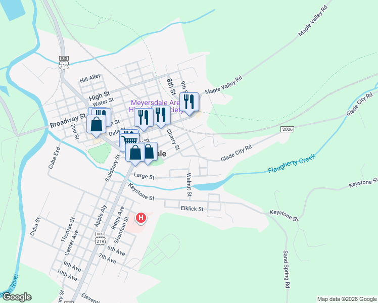 map of restaurants, bars, coffee shops, grocery stores, and more near 320 Meyers Avenue in Meyersdale