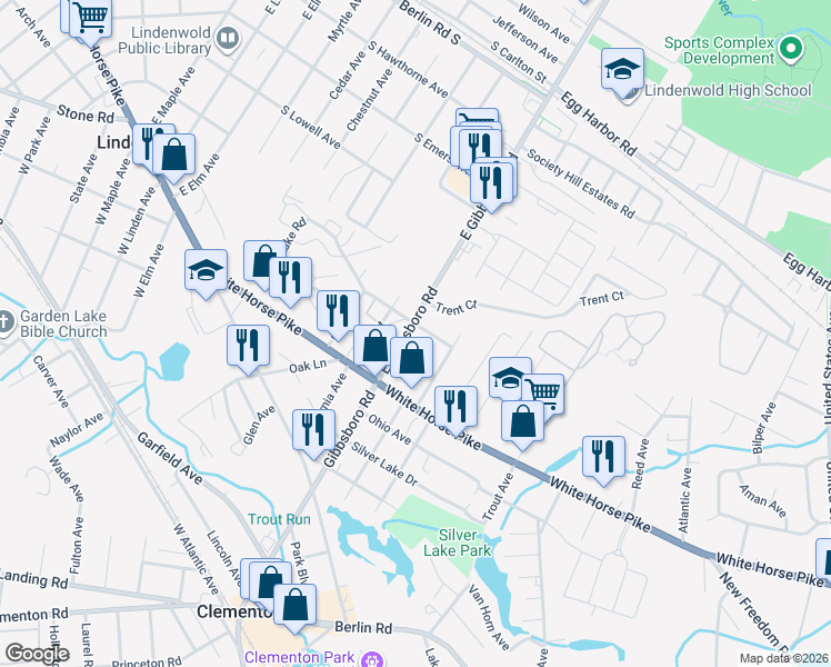 map of restaurants, bars, coffee shops, grocery stores, and more near 6 Cooper Avenue in Clementon